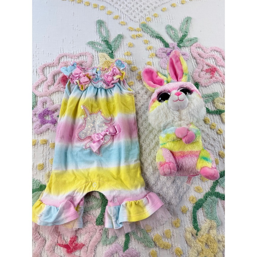 Bonnie Baby Rainbow Unicorn Romper 3-6M and Ty Beanie Boos Lollipop Bunny Set
